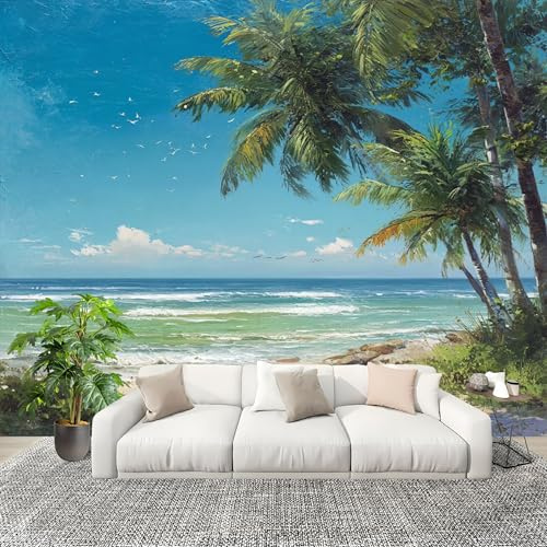 Sala de Estar Mural 300x210cm Paisaje De Playa Tropical Tejido No Tejido Fotomurales Azul Mural Se aplica a Pared Panorámico Para Dormitorio TV Pared Murales Póster