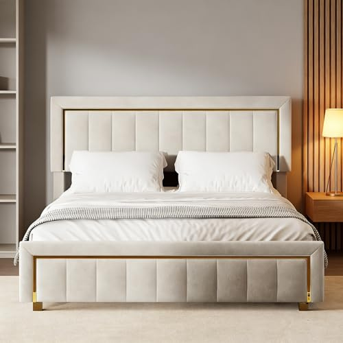 Yeutre Lit 160x200 avec Sommier Coffre, Lit 2 Personnes avec Rangement Hydraulique et Sommier à Lattes, Tête de Lits Rembourré, Cadre de Lits pour Adultes et Adolescents,Velours (Beige, 160 x 200 cm)