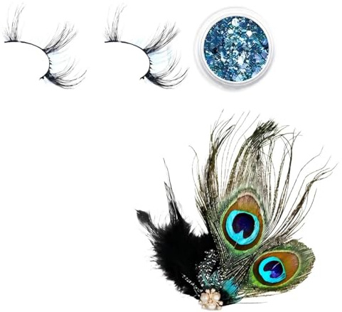 Eowppue Pfau Kostüm Set für Damen, 1 Paar Lange Federn Wimpern, 1 Pfauenfeder Haarclip, Glitzer Pailletten, Perfekt für Karneval, Gatsby Party, Halloween und Themenpartys