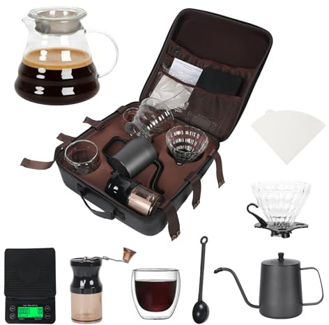 Ayrirel Pour over Coffee Maker Set,8 Pack Hand Brewed Coffee Set for Outdoor,Travel Coffee Gift Set with Coffee Grinder Server, Kettle, Filter, Scale(No Batteries), Glass Drip Funnel,All in the Bag