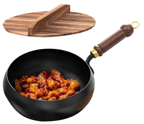 Pentole di Ferro - Pancia Tradizionale Cinese Rotonda 24 cm | Pentole antiaderenti non rivestite con manico in legno, padella compatibile con induzione di gas per cucina del ristorante di casa