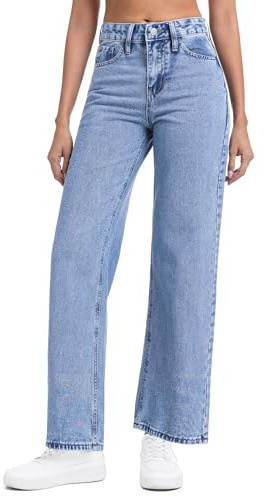 aeonstitch Women's High Waisted Jeans Wide Leg Straight Stretch Denim Trousers Comfy Baggy Casual Everyday Wear Light Blue
