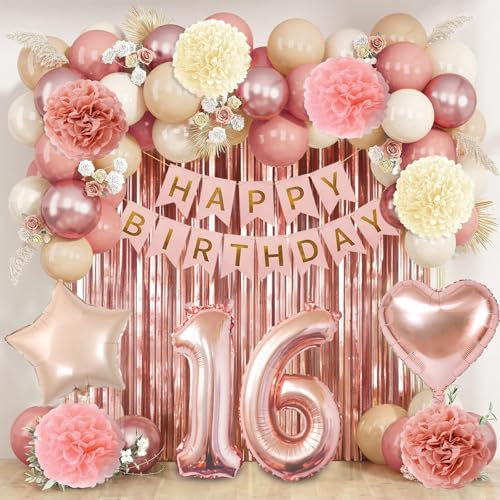 Geburtstagsdeko Rosegold, Rose Gold Sweet 16 Geburtstag Mädchen Party Deko Set mit Rosa Happy Birthday Banner,Luftballons Rosa,Zahl 16,Lametta Vorhang,Stern Herz Folienballon Geburtstag,Papier Pompoms
