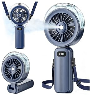 Mini Ventilador Portatil con Nebulizador, 6000mAh Ventilador USB Recargable | 3-en-1 Pequeño Ventiladores de Cuello, Mesa y Mano, Fan Potente con 4 Velocidades & Pantalla LED, para Viaje Exterior Camping