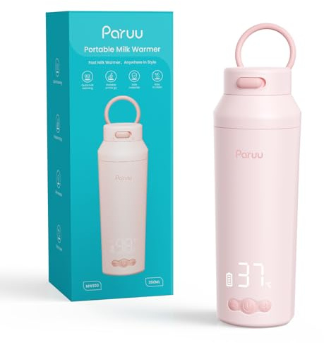 Paruu Tragbarer Flaschenwärmer Baby Unterwegs, Schnellaufheizen in 2 Min, 7-Stufige Temperaturregelung, 30W-Schnellladung, 350ml Kapazität, Rosa