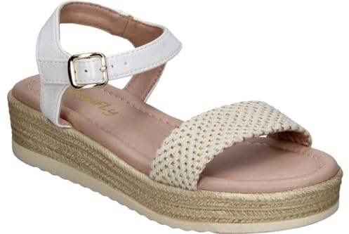 Jupifly | Sandalia con Cuña Niña – Sandalia de Esparto en Color Blanco y Beige– Sandalia de Verano con Hebilla – Cuña Media y Cómoda – Versátiles y Combinables – Estilosas – Modelo 9026