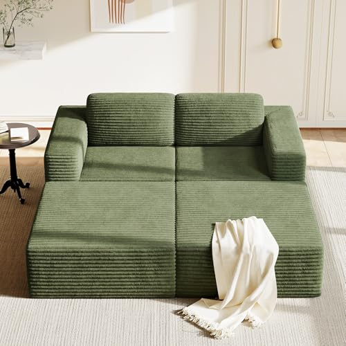 Vesgantti 202 cm Modulares Ecksofa, 2-Sitzer Sofa mit Schlaffunktion aus Cord, mit Federkern & 3D-Schaum, extra tiefer Sitzfläche, Polstersofa mit Ottomane, ohne Montage, Rutschfester Boden, Grün