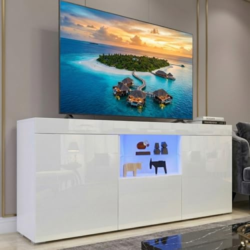 Dripex TV Schrank Lowboard mit LED Beleuchtung Weiß Hochglanz Fernsehtisch TV Board mit großem Stauraum 135x70x35 cm