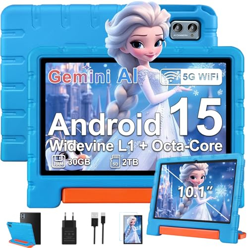 ZIOVO Tablette Enfants Android 15 Tablette 10 Pouces, 30Go RAM + 64Go ROM (TF 2To), Gemini AI, 5G WiFi/Octa-Core/Widevine L1/Face ID/Contrôle Parental/6000 mAh/BT 5.0, Tablette avec étui EVA - Bleu