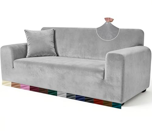 Yeahmart Thick Sofa Covers 1/2/3 Seater Pure Color Sofa Protector Velvet Easy Fit Elastic Fabric Stretch Couch Slipcover (Silver Grey, 1 Seater 90-140cm)