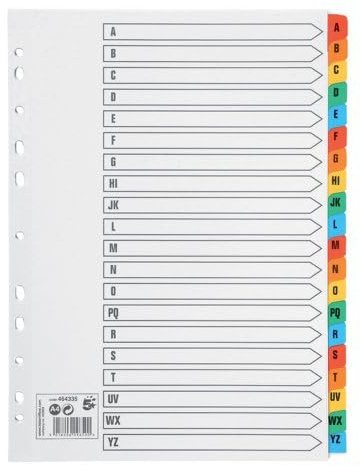 A4 File Subject Dividers A-Z Part Multi-Coloured Tabs with Reinforced Multi Punched Mylar tabs 150gsm (Pack of 10)