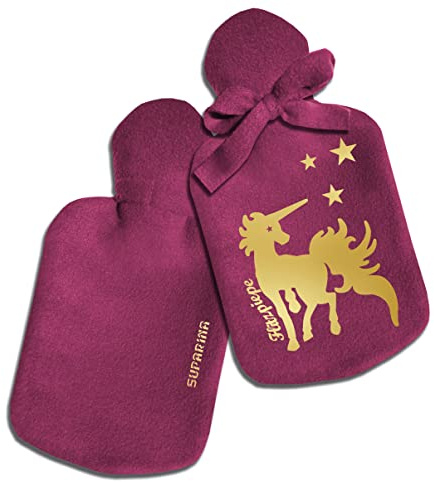 SupaRina personalisierter Wärmflaschen-Bezug mit Namen und Motiv Einhorn Pink, unterschiedliche Farben und Motive, kalt oder warm befüllbar, Geschenkidee für Mädchen, 28x16 cm, auch mit Flasche 0,8 l