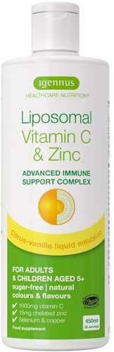 Liposomales Vitamin C 1000mg plus Zink, Selen & Kupfer - hochdosierte Immunsystem Stärkung in flüssiger Form, 450ml, für Erwachsene, Zitrone-Vanille Geschmack