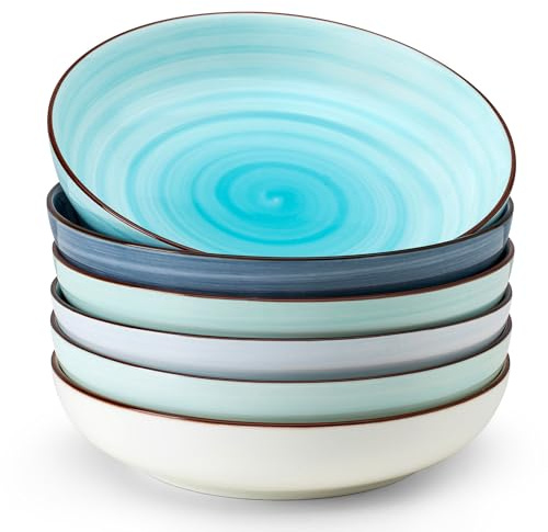 Sweese Pasta Bowls Set of 6, 30 Ounce Ceramic Salad Plates for Dishwasher & Microwave Safe - Solid Salad Bowls, Soup Bowls - Deep Plates Lipped Edges, Oven Safe Porcelain Plates Serving Bowls