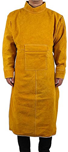 MBLUE Delantal de trabajo de piel vacuno de 3 tamaños, ropa protectora para soldar, resistente al calor, resistente al fuego, con mangas (85 cm), amarillo, 85 cm