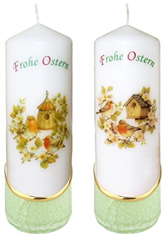 Meissner-Handel Auswahl * 2 Stück Osterkerze Stumpenkerze Osterdeko * 6 x 18 cm * mit farbigen Wachs- und Bildauflagen * Auswahl Motiv + Farbe * grün * (Serie 5/Set 2122)