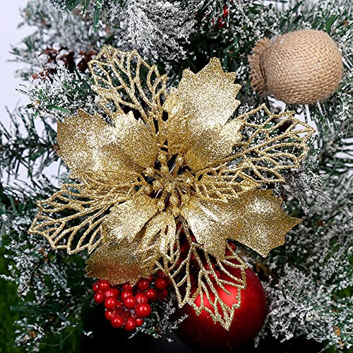 12x 9cm Glitzer Weihnachten Baumschmuck Weihnachtsanhänger Weihnachtsbaum Deko,Künstliche Weihnachtsstern Blumen Deko,Weihnachtsbaumschmuck Ornament,Christbaumschmuck,Weihnachtsdeko Anhänger,Gold
