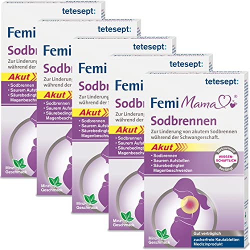 tetesept Femi Mama Sodbrennen, Kautabletten, 5 x 10 Tabletten | Linderung von akutem Sodbrennen, für Schwangere & Stillende Frauen, Minzgeschmack, zuckerfrei, ideal für unterwegs