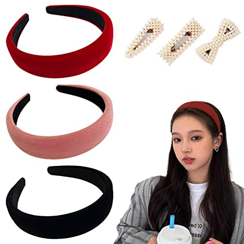 3 Samt-Stirnbänder mit 3 Perlen-Clips, breites Samt-Stirnband, rutschfestes Stirnband, weiches Stirnband, elegantes Vintage-Haar-Accessoire, geeignet für Frauen und Mädchen