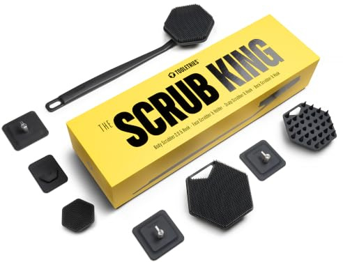 TOOLETRIES The Scrub King Silicone Shower Set - Charcoal | Complete silicone shower set with back, body, face and scalp scrubbers, hooks and storage holder.
