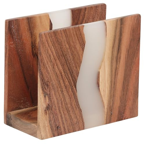 LAVAUK Acacia wood & Transparent Epoxy resin Napkin holder for table, Rustic farmhouse napkin organisation for kitchen, dining, counter tops, restaurant or outdoors | 6x5x2.5 inches|(Cloudy White)