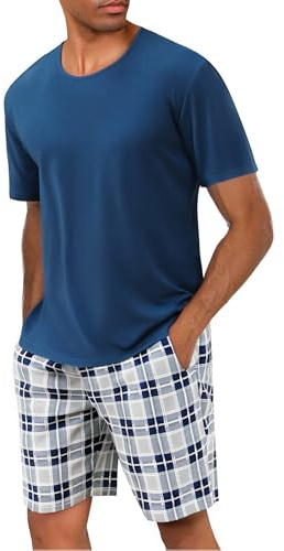 Uniexcosm Pyjama Homme Court Coton Ensemble Pyjama Homme Short Col Rond Manches Courtes Pyjama Haut et Bas Homme Ete avec Poches Latérales
