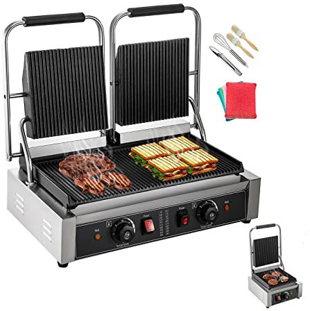 Electric Contact Grill Griddle Commercial Panini Press Grill Non-Stick for Outdoor Camping Cooking Sandwiches Steak Meat Easy to Use for Beginners and Professionals (Color : Double Wave Plate)