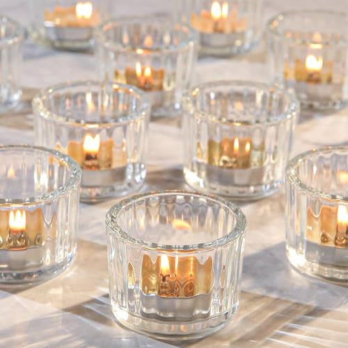 Filltown Klaren Teelichthalter Set mit 12, Teelichtgläser für Dekorative Tischmitte Vintage Teelichthalter Glas Teelichtglas, für Kerzenhalter Glas, Tischdekoration, 5cmx3,5cm Teelichtgläser Klein