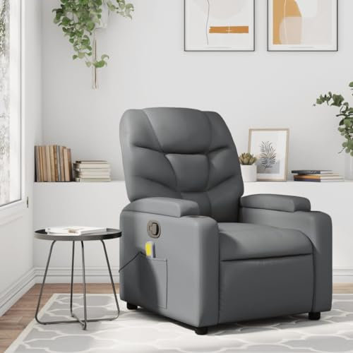 Homgoday Massagesessel Fernsehsessel Relaxsessel Liegesessel Ruhesessel Sessel mit Manuelle Liegefunktion Sessel Verstellbare Rückenlehne Polstersessel Grau Kunstleder