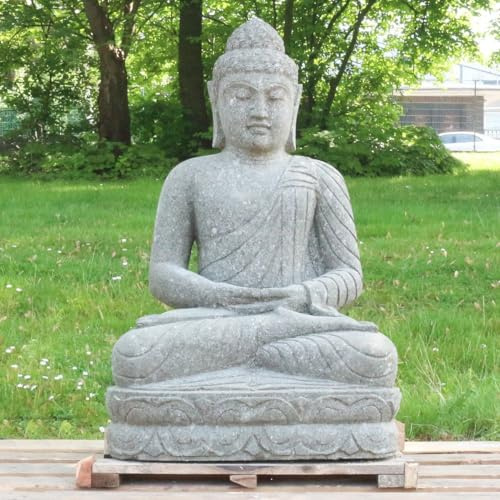 Oriental Galerie Buddha Stein Figur Statue Gartenfigur Steinfigur Dekofigur Gartendeko sitzend Massiv aus Greenstone Meditation 100 cm
