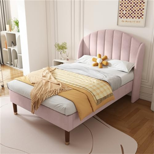 Gepolstertes Einzelbett 90 X 200 cm, Kopfteil Mit Kleinen Seitenschienen, Mit Untergestell Und Sockel Aus Massivholz, Ideal Für Schlafzimmer Für Erwachsene Und Jugendliche(Color:Rosa)