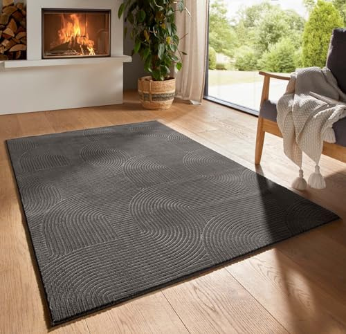 Taracarpet Kurzflor Boho Skandi Polyester Teppich in 3D Optik waschbar, pflegeleicht und robust ideal fürs Wohnzimmer, Schlafzimmer und Kinderzimmer auch als Badematte Anthrazit Wellen 060x120 cm