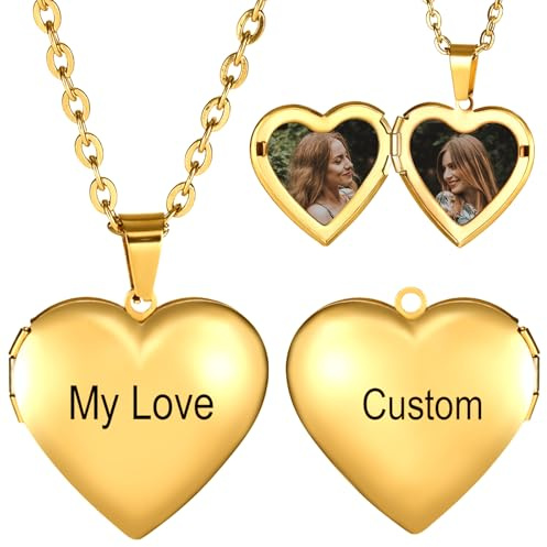 INBLUE Collar con Medallón Personalizado para Mujer Personalizada Foto Texto Corazón Collar Grabado Nombre de Acero Inoxidable de Corazón Colgante Collar Regalo Joyería para Esposa Hermana - A2