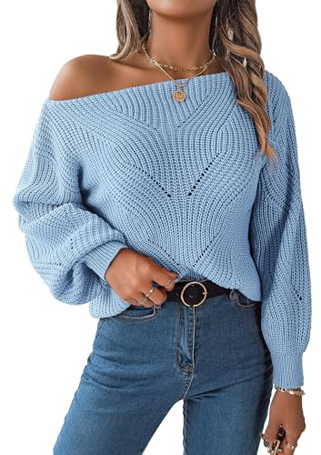 FEOYA Schulterfrei Strickpullover Damen Locker Grobstrick Sweater mit Fledermausärme Casual Knit One Shoulder Pullover Pulli Top Herbst Winter