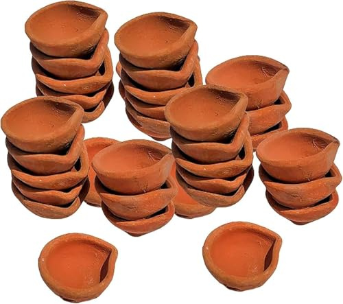 IMTRA FASHION Diwali Ton-Diya-Set mit 100 Stück Terrakotta-Diya mit Baumwolldochten Indische Erd-Pooja-Öllampe Mitti Diyas
