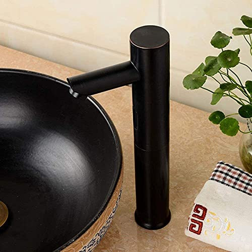 Automatic Infrared Sensor Tap for Bathroom Countertop Basin Black High Spout Tap with Cold Water Function Battery Operated Brass Faucet with Painted Finish