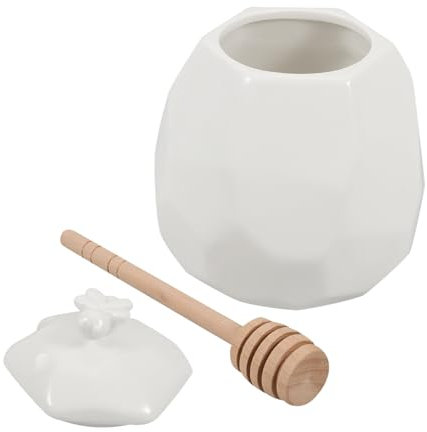 HOLIDYOYO Ceramic Honey Jar Wooden Dipper and Lid Small Honey Pot Container Storage Jar for Home Use
