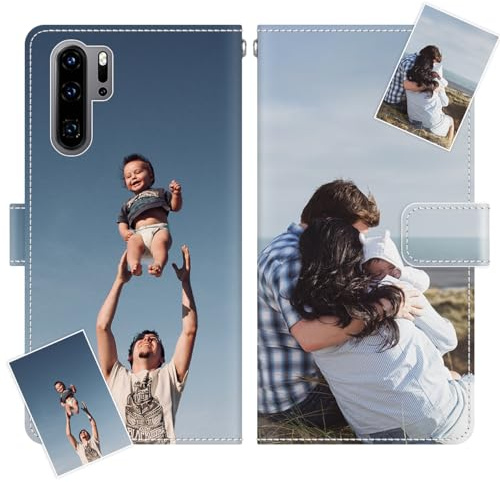 JGOYGYI Personalisierte Leder Handyhülle kompatibel mit Huawei P30 Pro,Individuelle Eigenem Foto Bild Text Bildern Foldable Flip Klapphüllen Case hülle+Handykette