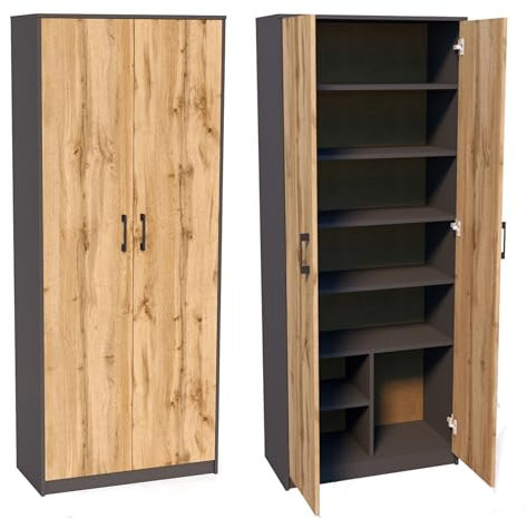 Home Collective Mehrzweckschrank mit 8 Fächern Besenschrank Haushaltsschrank in mattem Finish mit 6 Einlegeböden und 2 Türen 74 cm breit aus Laminatplatte und hochwertigen Polymergriffen graphit Eiche