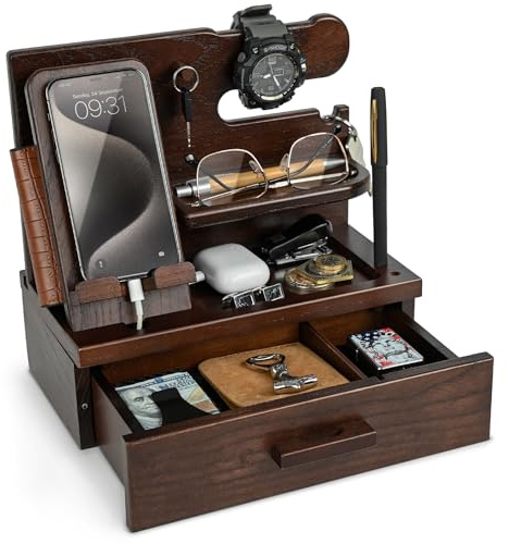 TESLYAR Handy-Dockingstation aus Holz mit Schublade, Nachttisch-Organizer, Schreibtisch-Organizer für Ehemann, Geburtstagsgeschenke für Männer, Vater, Schlüsselhalter, Uhr, Abschiedsgeschenk Lehrerin