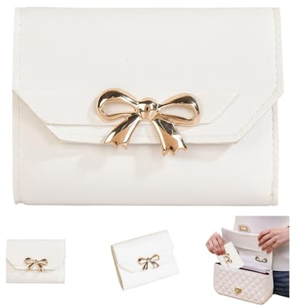 Cute Coquette Bow Wallet, Small Leather Tri-Folded Aesthetic Bifold Wallet with RFID Blocking Card Holders, Coin Purse Coin Purse with ID Window for Women Girls (White)