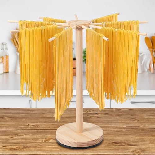 Fyeme Secador de fideos con base giratoria, secador de pasta de madera con 9 brazos desmontables, plegable, reutilizable, para secar fideos italianos, fideos chinos