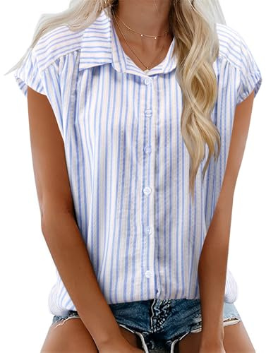 EFFAN Womens Blouse Cotton Shirts Cap Sleeve Blouses V Neck Summer Buttom Down Shirts Ladies Loose Fit Office Work Blouse Tops UK, Blue and White Stripes, M
