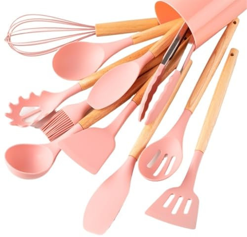 Set di utensili da cucina in silicone, 12 pezzi, kaki, con manico in legno, set di utensili da cucina di sicurezza, antiaderenti (rosa)