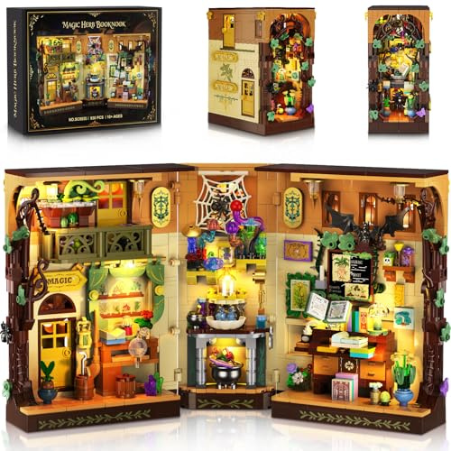 INSOON Magisches Kräuter Book Nook Haus Bauspielzeugset mit Licht, Magic DIY Bookend Baustein Kit für Regalen Heimdekor, 930 Stück Booknook Klemmbausteine für Erwachsene Kinder Jungen Mädchen ab 12+