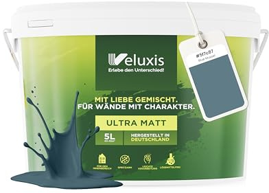 Veluxis® Pintura de pared azul para interiores - 5 litros y opacidad clase 1, sin vetas, antigoteo, ecológica y sin COV (Blue Mussel)