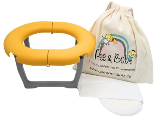Pee & Bob Dein Töpfchen für unterwegs | Klein & Leicht, Haltbar und Stabil und Made in Germany | Mit Kindern immer und überall eine saubere Toilette, inkl. 5 Einwegtüten [Mango]