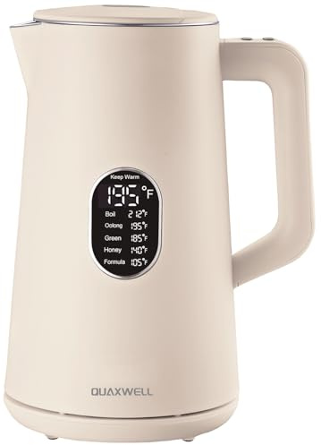 QUAXWELL 1.5L Electric Kettle Stainless Steel, Double Wall Cool Touch Teapot, Fast Boil,5 Temperature Control, LED Display, Auto Shut-Off,Keep Warm Function,Cream White