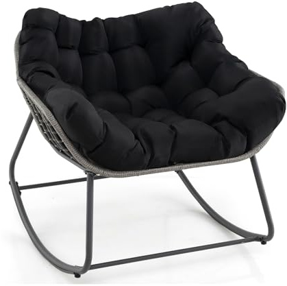 COSTWAY Silla Mecedora para Exteriores, Silla de Huevo de Mimbre PE de Gran Tamaño con Cojín Grueso y Extraíble, Silla de Ratán con Estructura Metálica Resistente Salon Balcón Jardín (Negro)