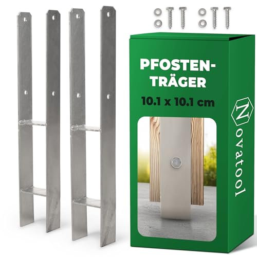 Novatool Lot de 2 douilles à enfoncer en forme de H 101 x 101 x 600 mm - Douille de sol pour parasol - Support de poteau - Poteau en bois - Douille à enfoncer - Galvanisé - Avec vis